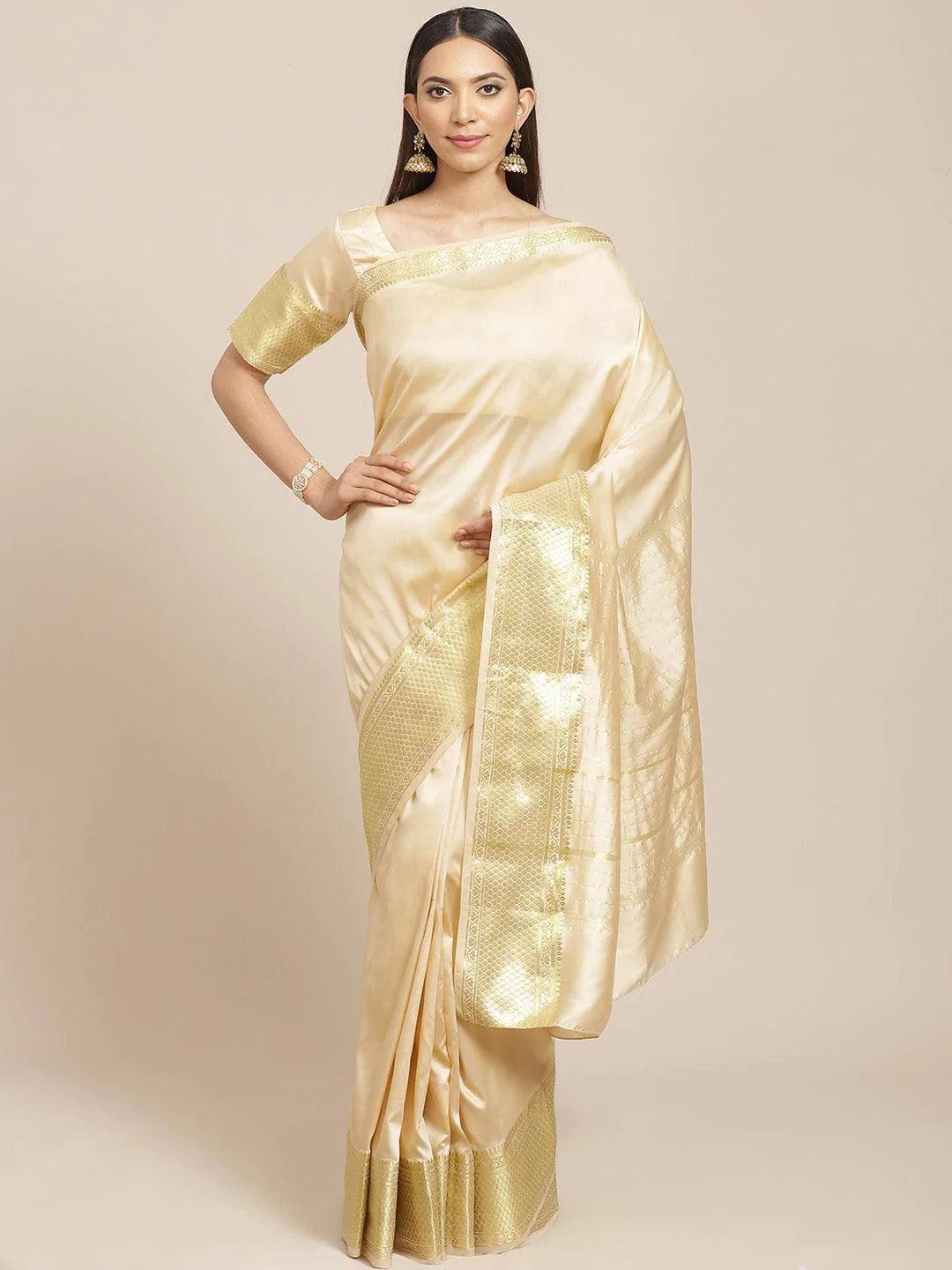 Beige Solid Silk Blend Saree