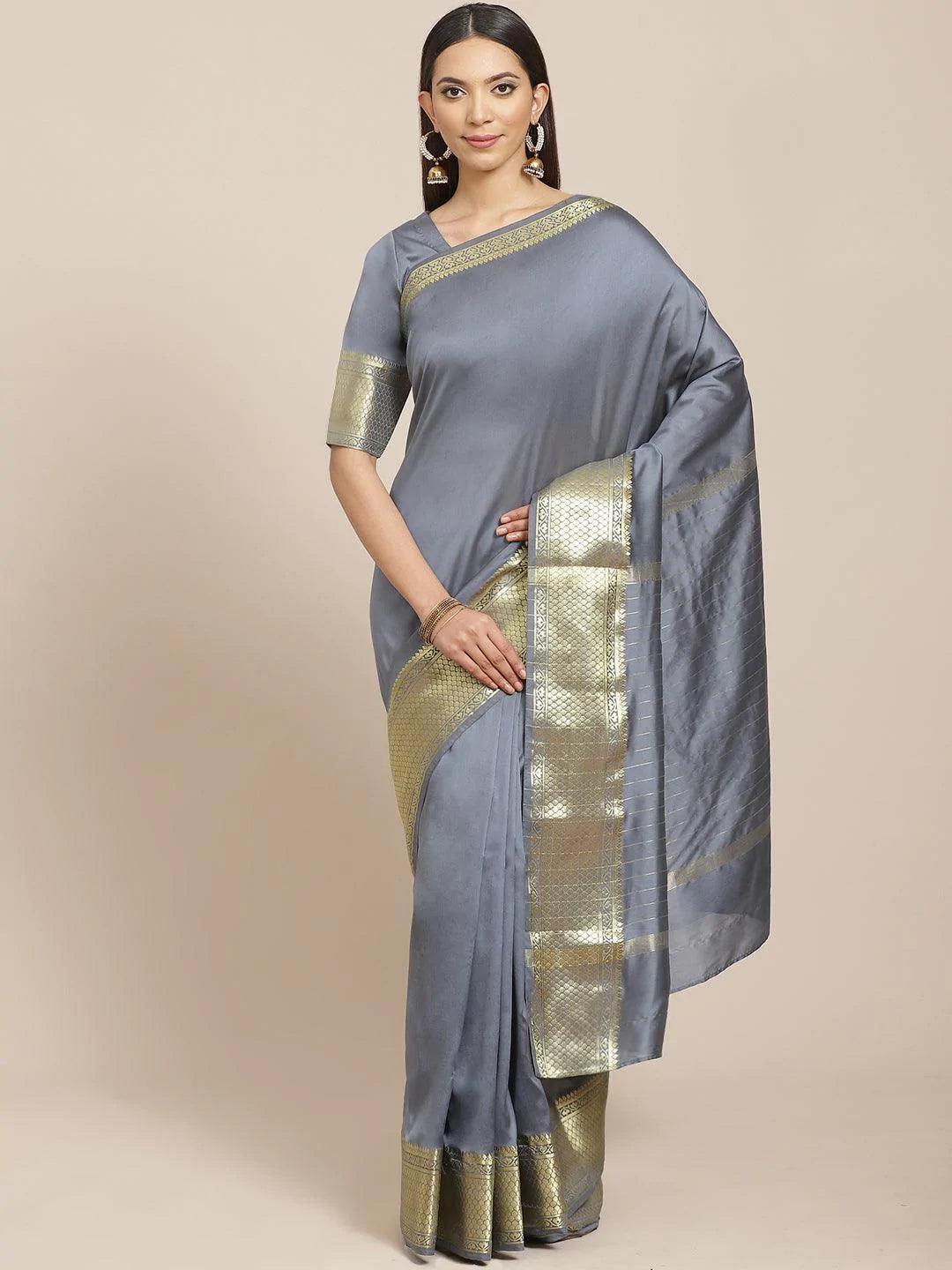 Grey Solid Silk Blend Saree - ShopLibas