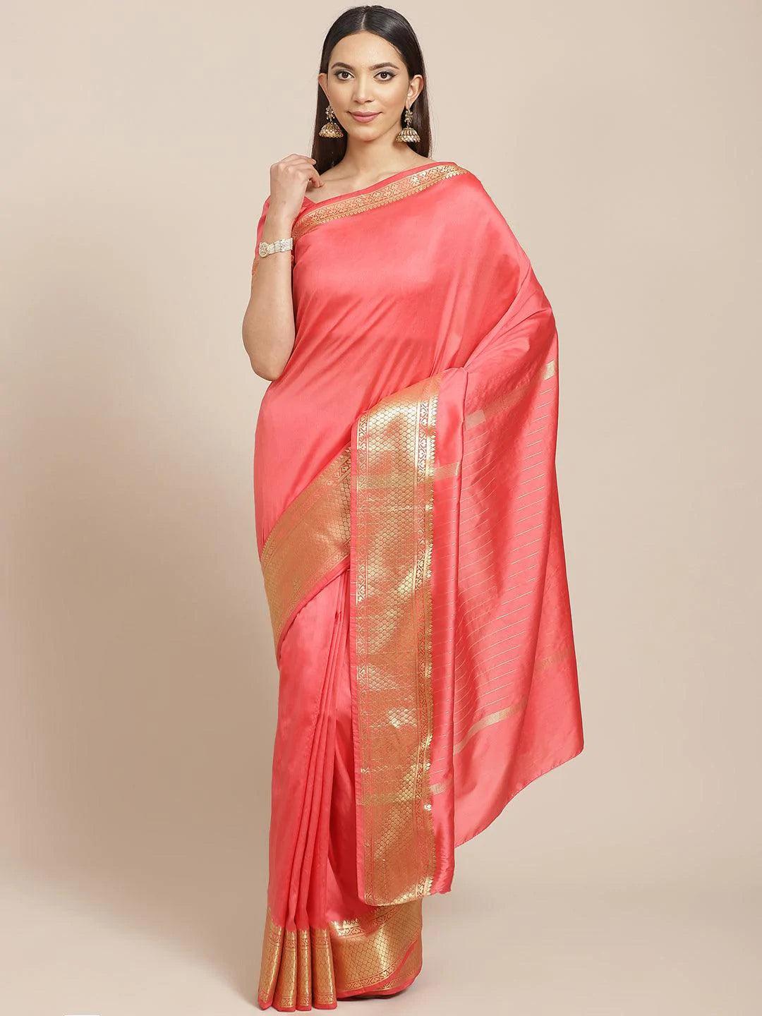 Pink Solid Silk Blend Saree