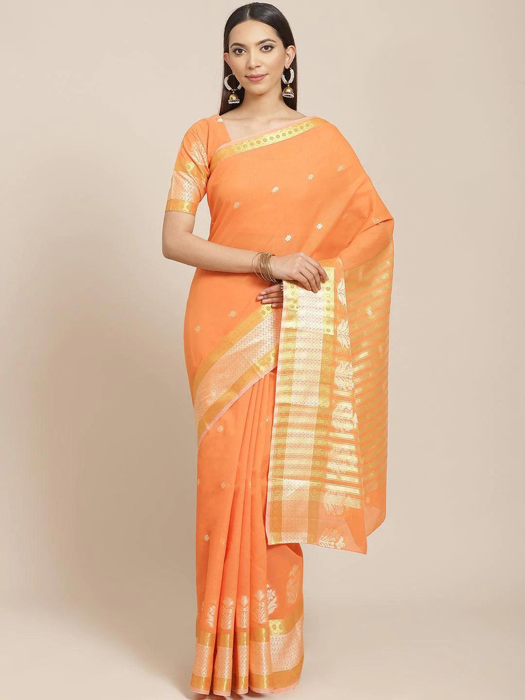 Orange Woven Design Cotton Saree - ShopLibas