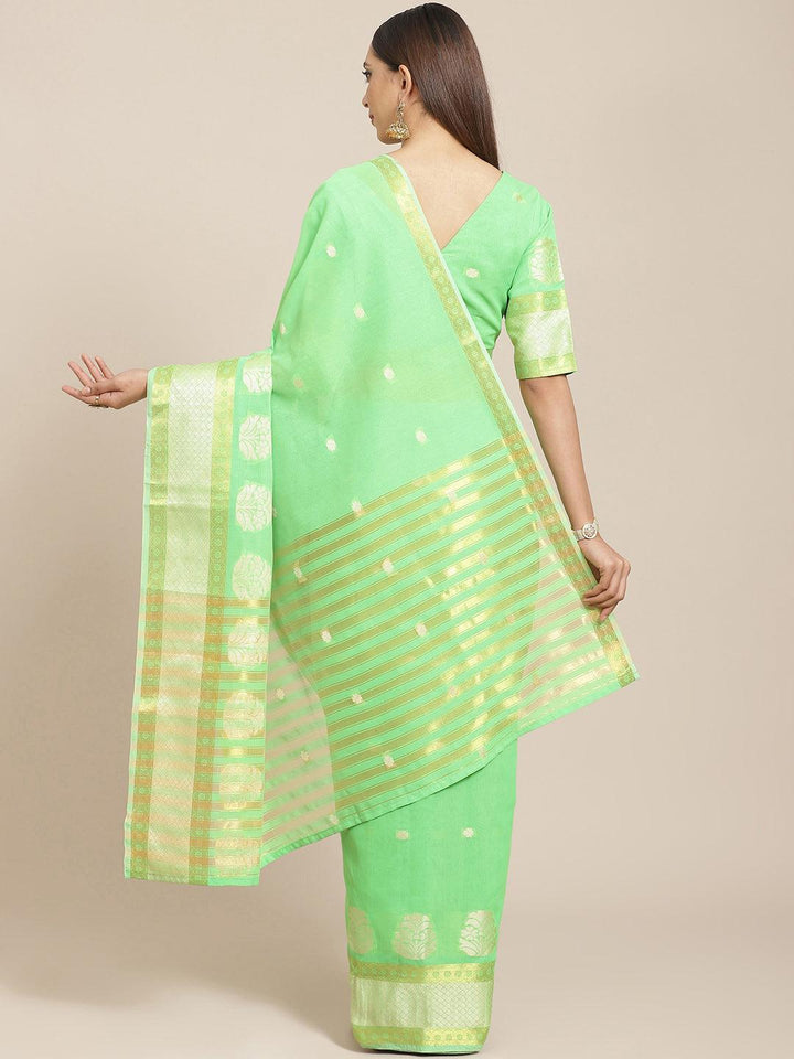 Green Woven Design Cotton Saree - ShopLibas