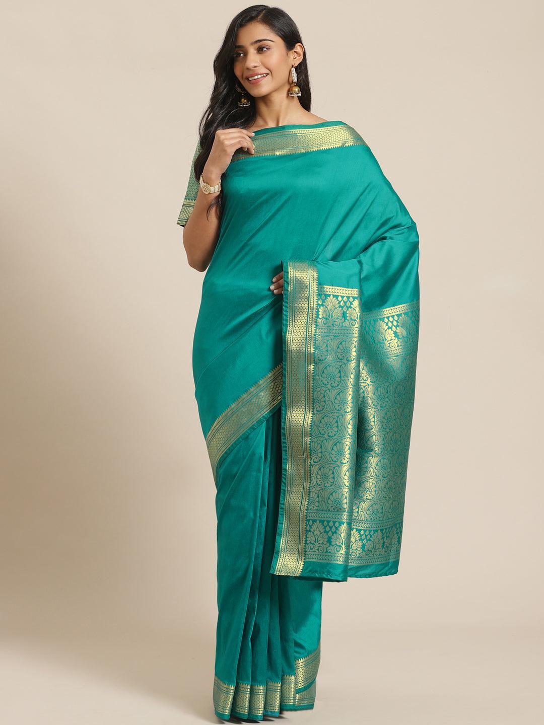 Green Solid Silk Blend Saree