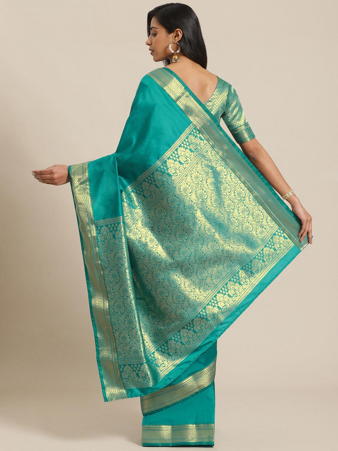 Green Solid Silk Blend Saree