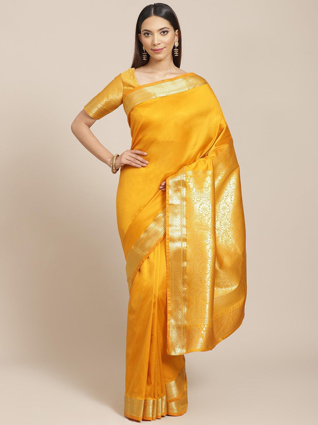 Yellow Solid Silk Blend Saree