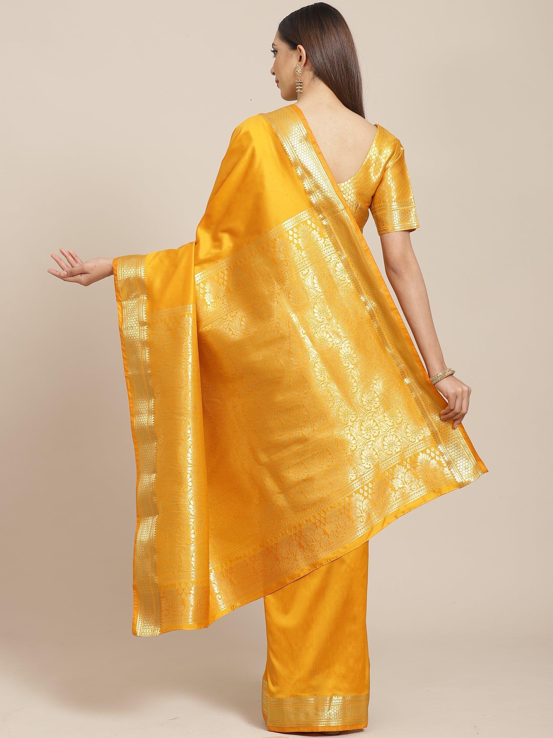 Yellow Solid Silk Blend Saree