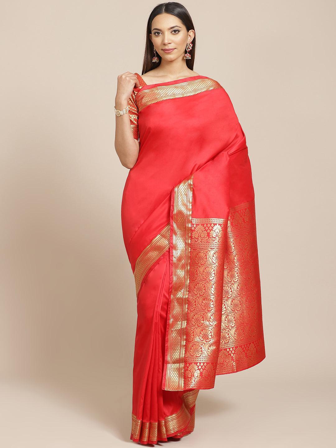 Red Solid Silk Blend Saree