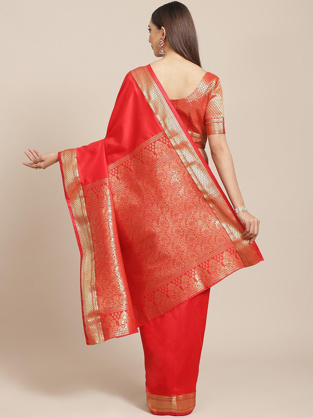 Red Solid Silk Blend Saree