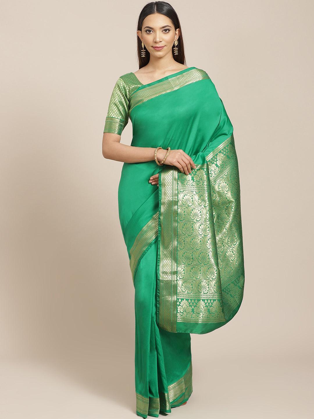 Green Solid Silk Blend Saree