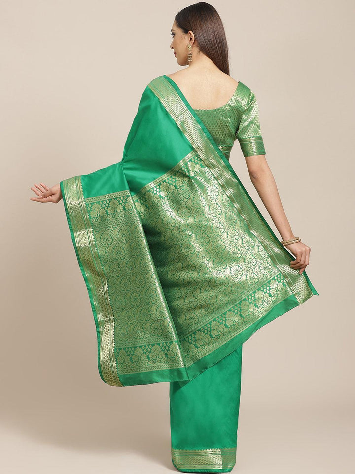 Green Solid Silk Blend Saree - ShopLibas