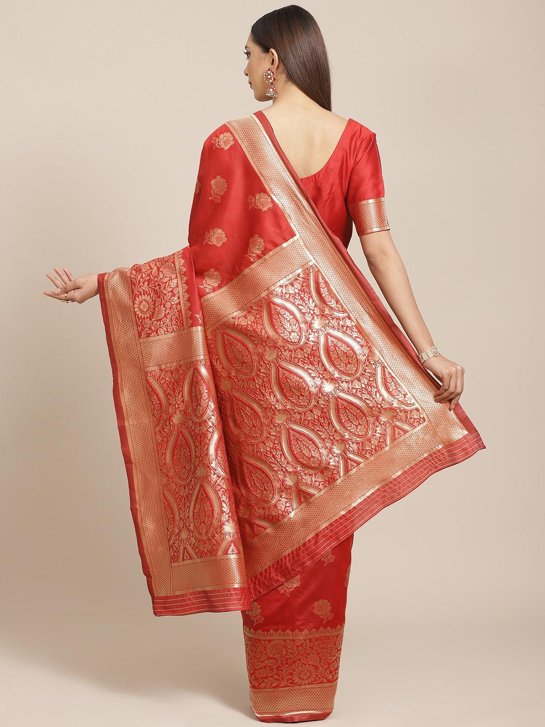 Red Woven Design Brocade Saree - ShopLibas