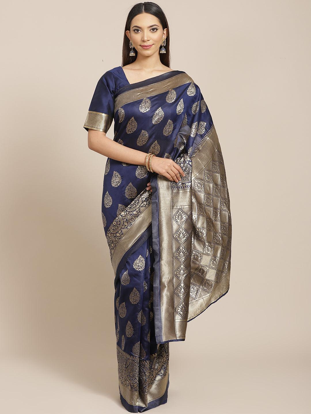 Blue Printed Brocade Saree