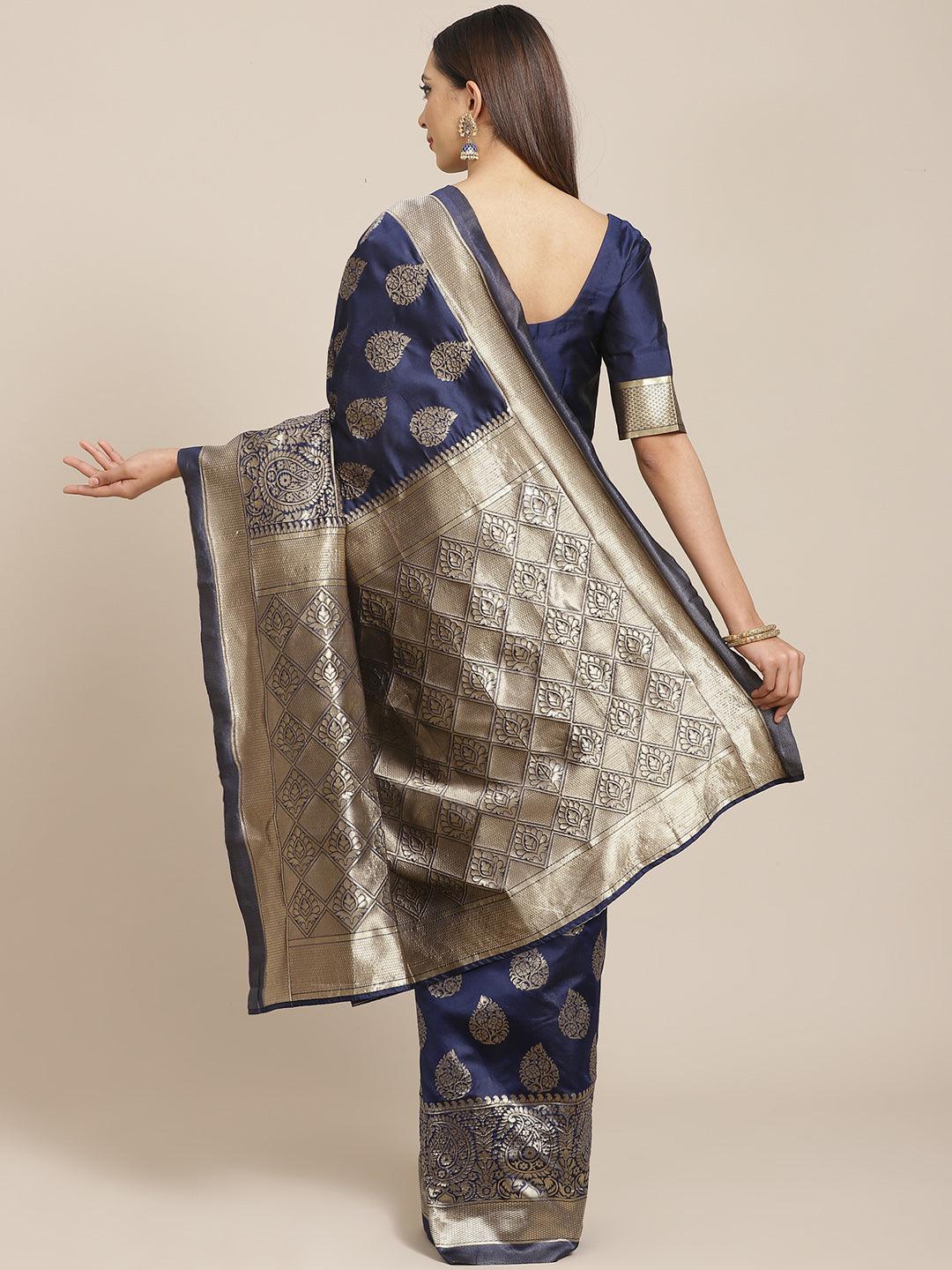 Blue Printed Brocade Saree