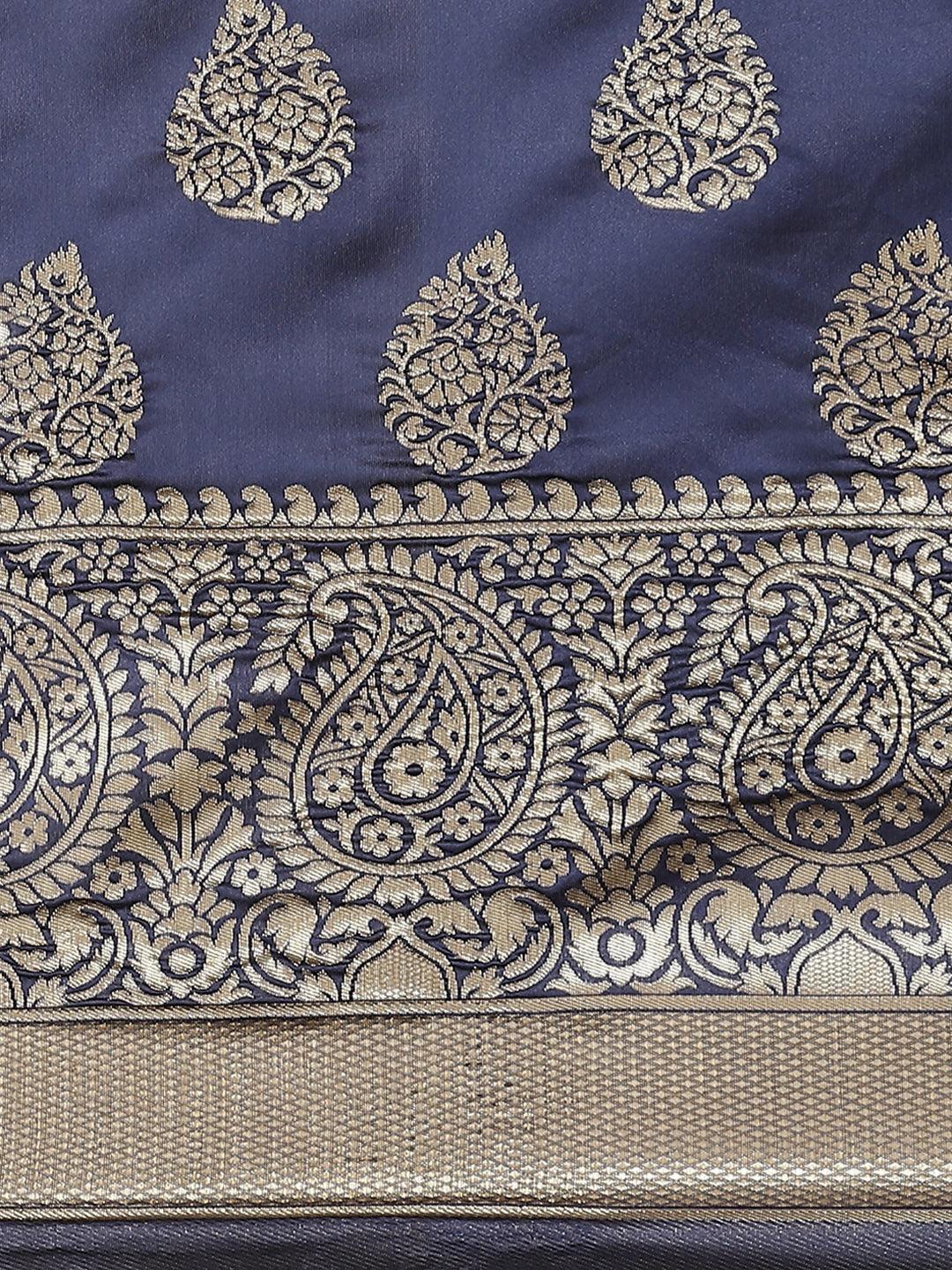 Blue Printed Brocade Saree