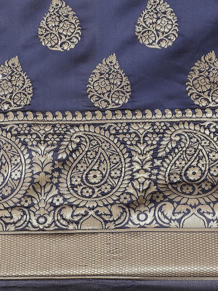 Blue Printed Brocade Saree - ShopLibas