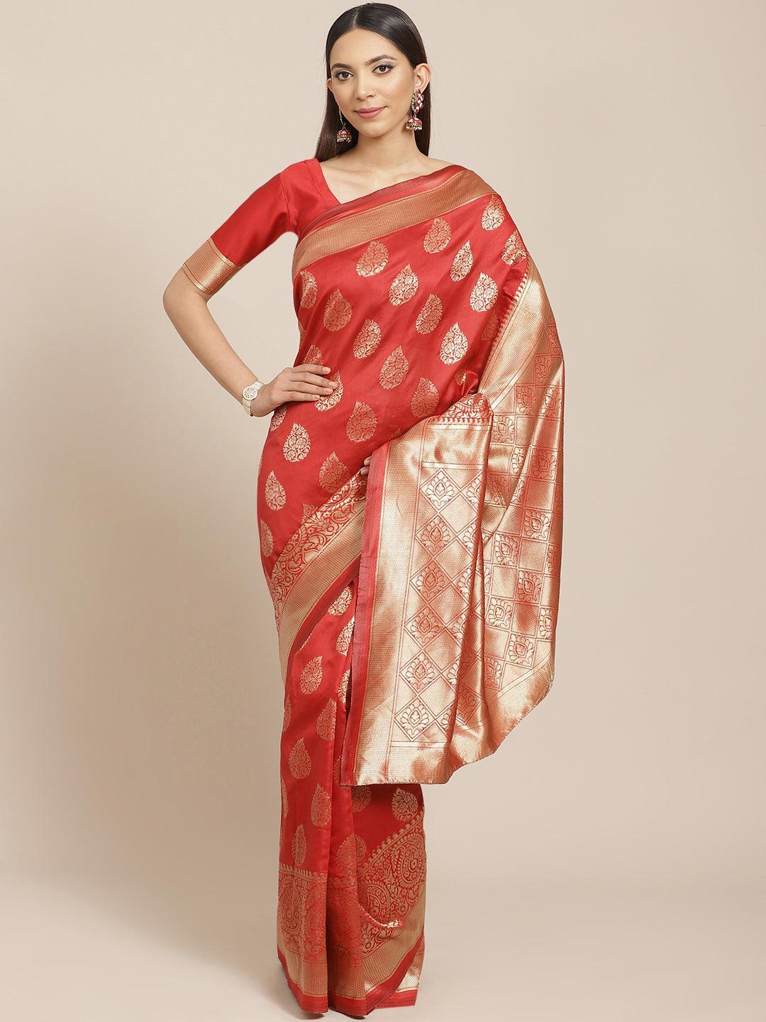 Rust Printed Brocade Saree