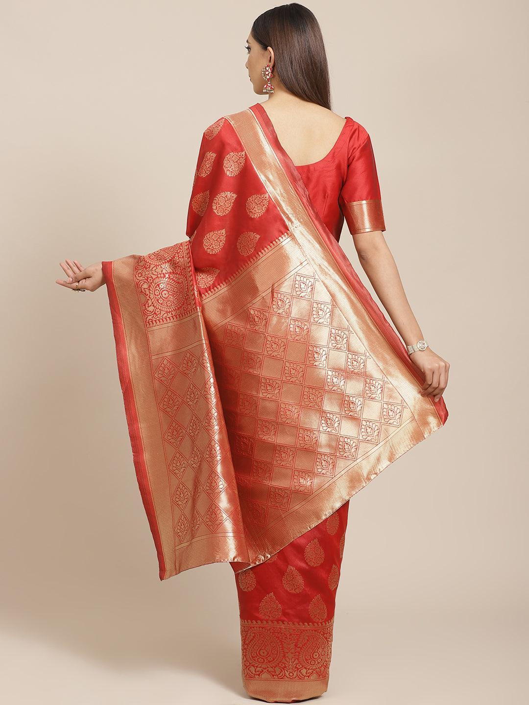 Rust Printed Brocade Saree