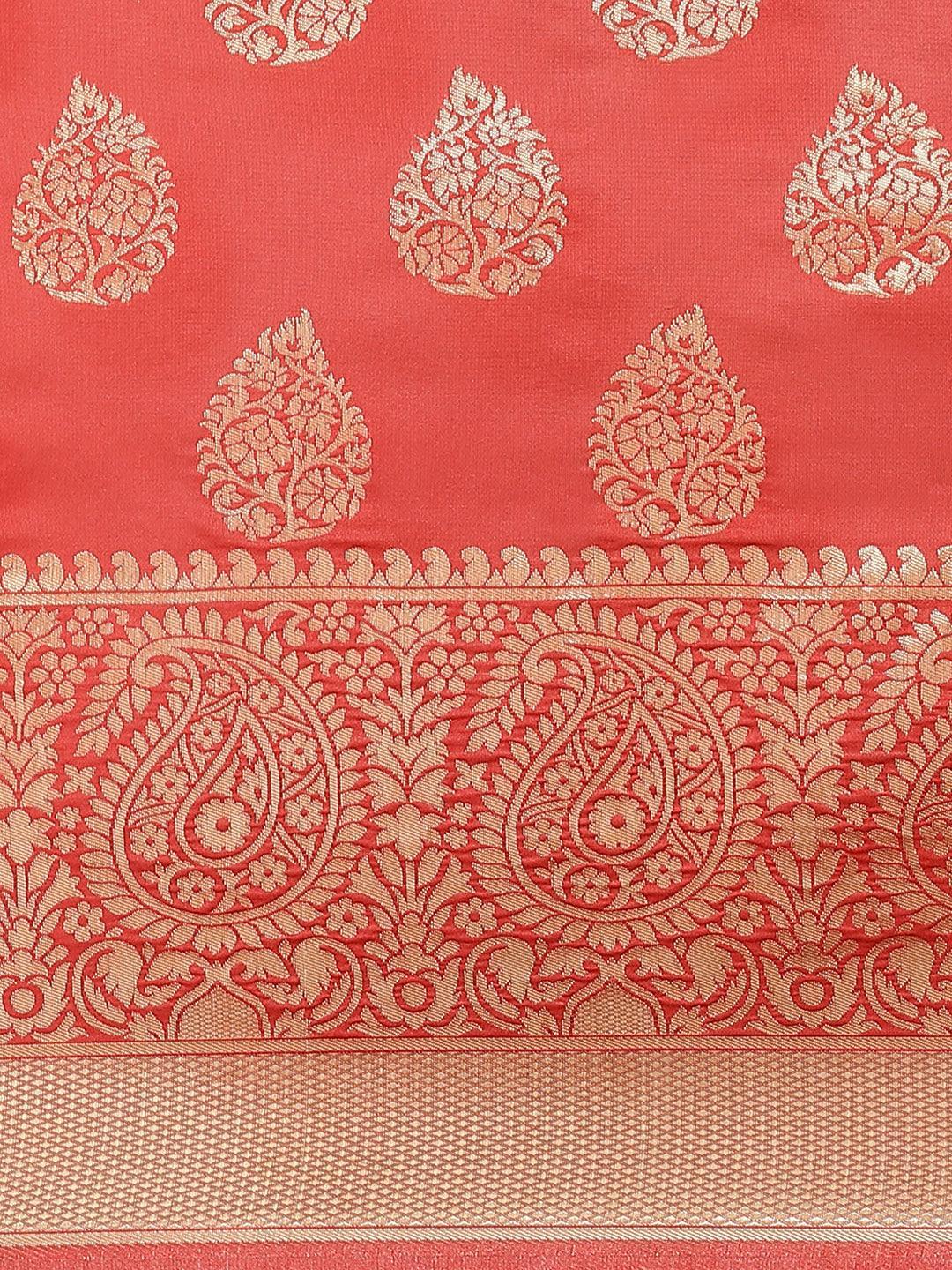 Rust Printed Brocade Saree