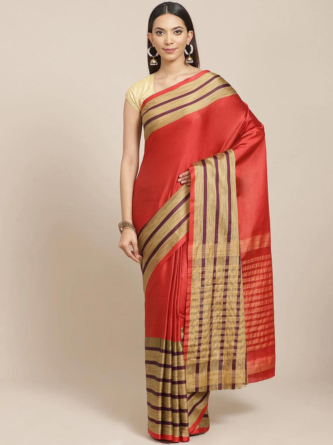 Multicoloured Striped Polyester Silk Saree