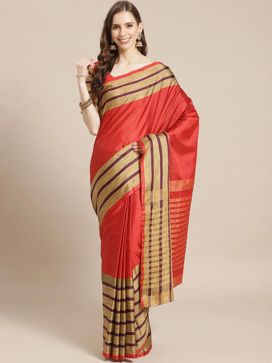 Multicoloured Striped Polyester Silk Saree