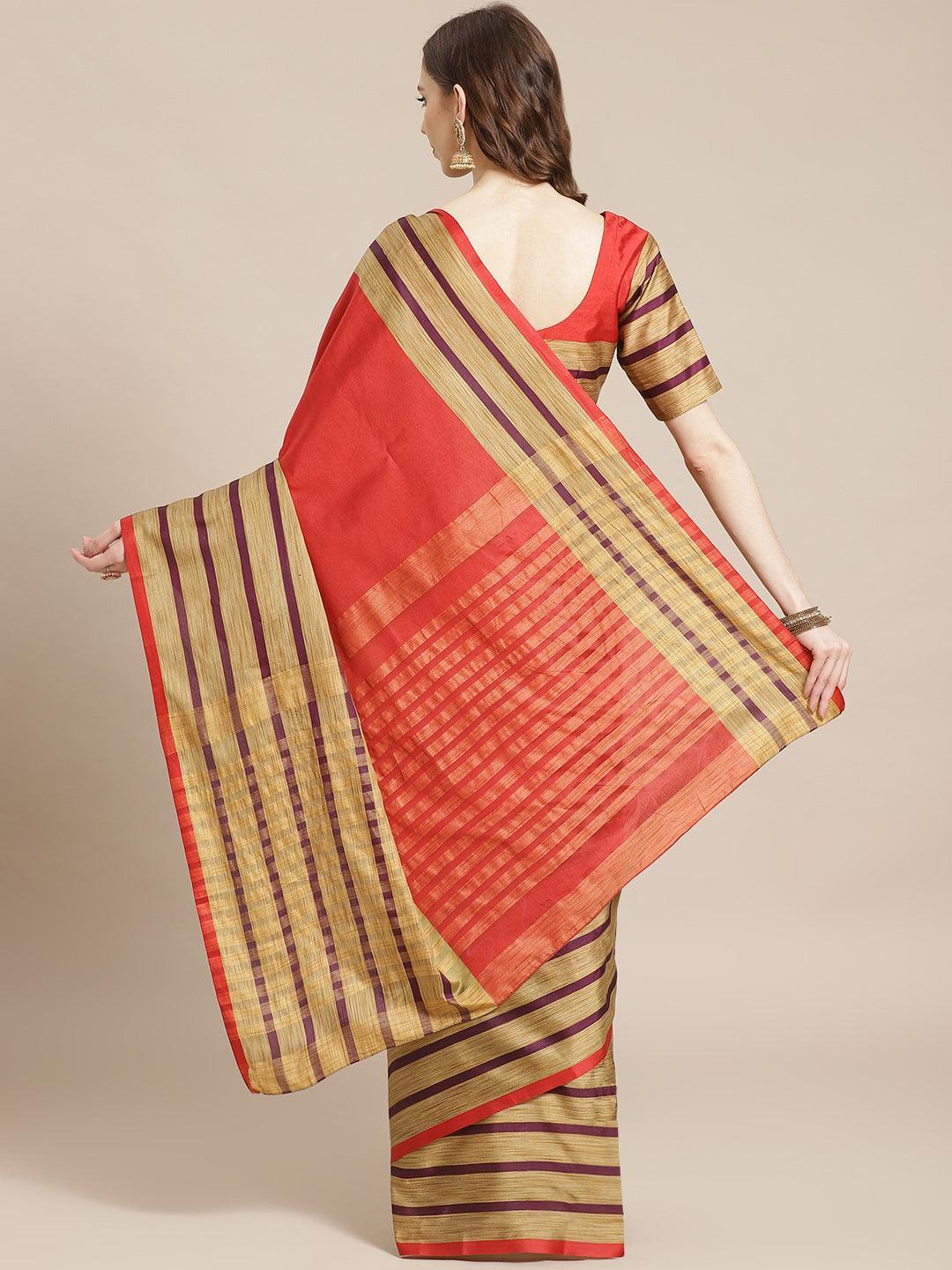 Multicoloured Striped Polyester Silk Saree - ShopLibas