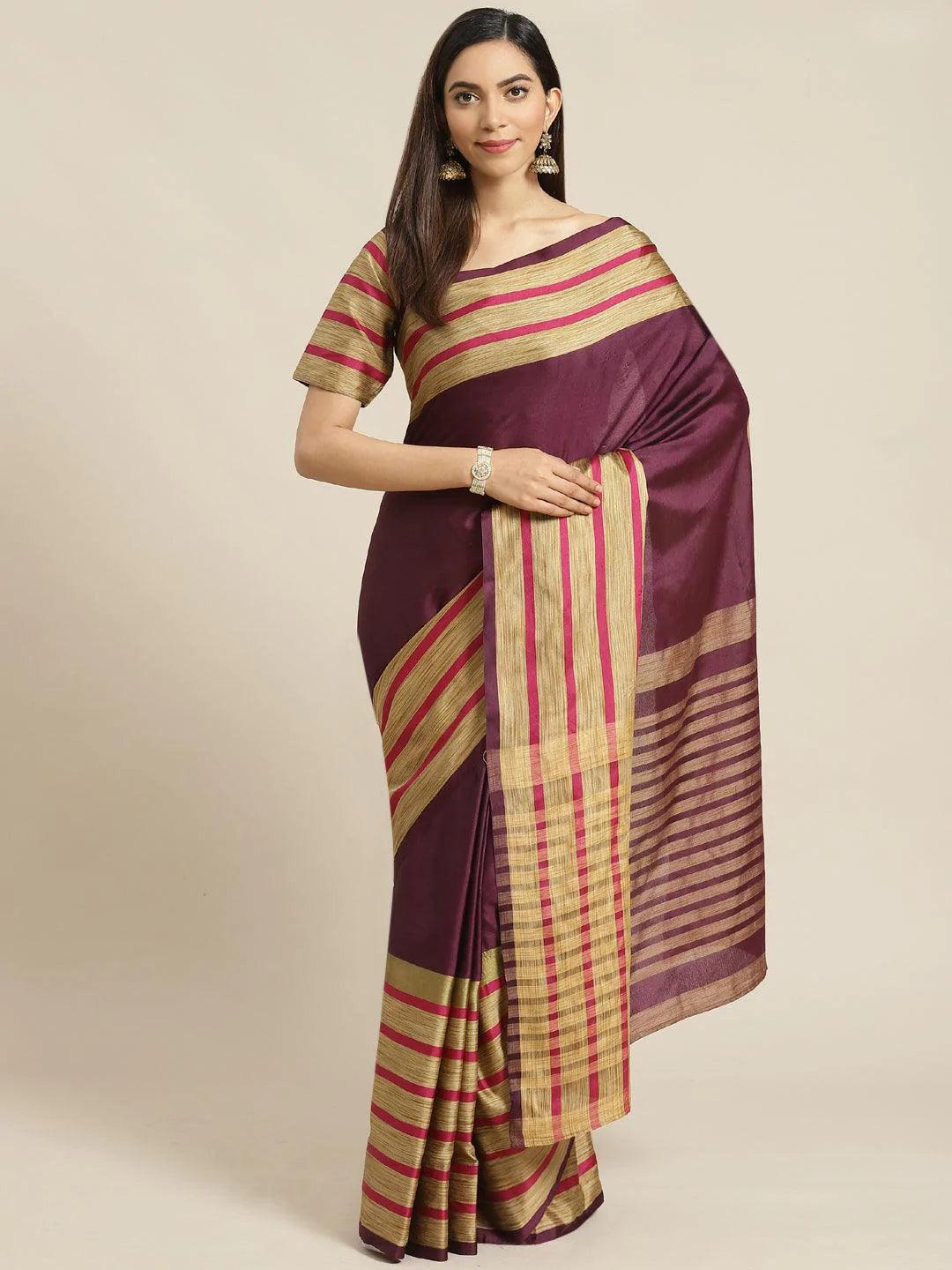 Multicoloured Striped Polyester Silk Saree