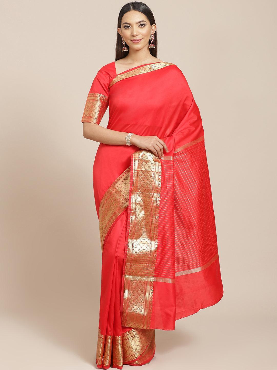 Red Solid Silk Blend Saree