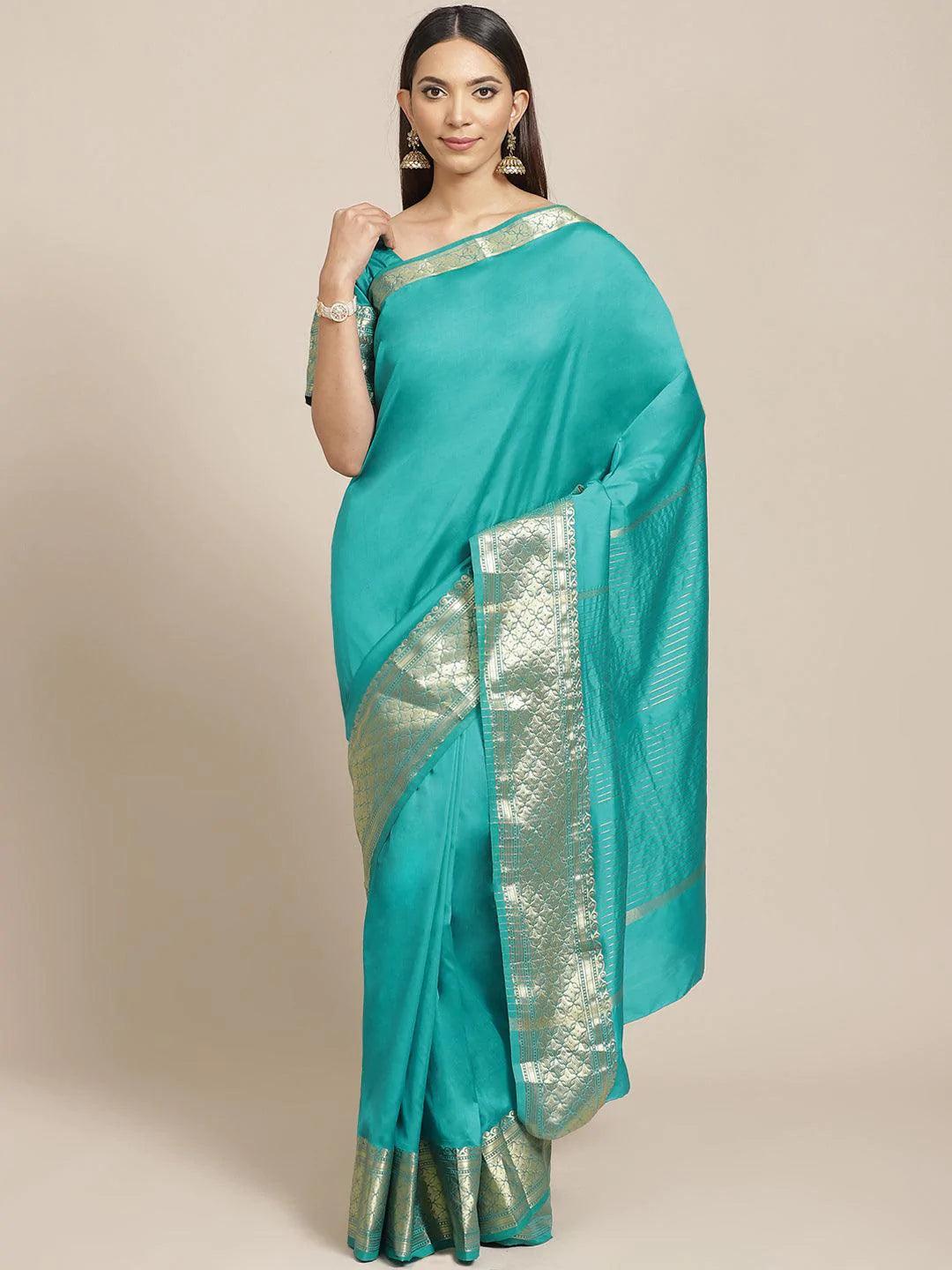 Sea Green Solid Silk Blend Saree