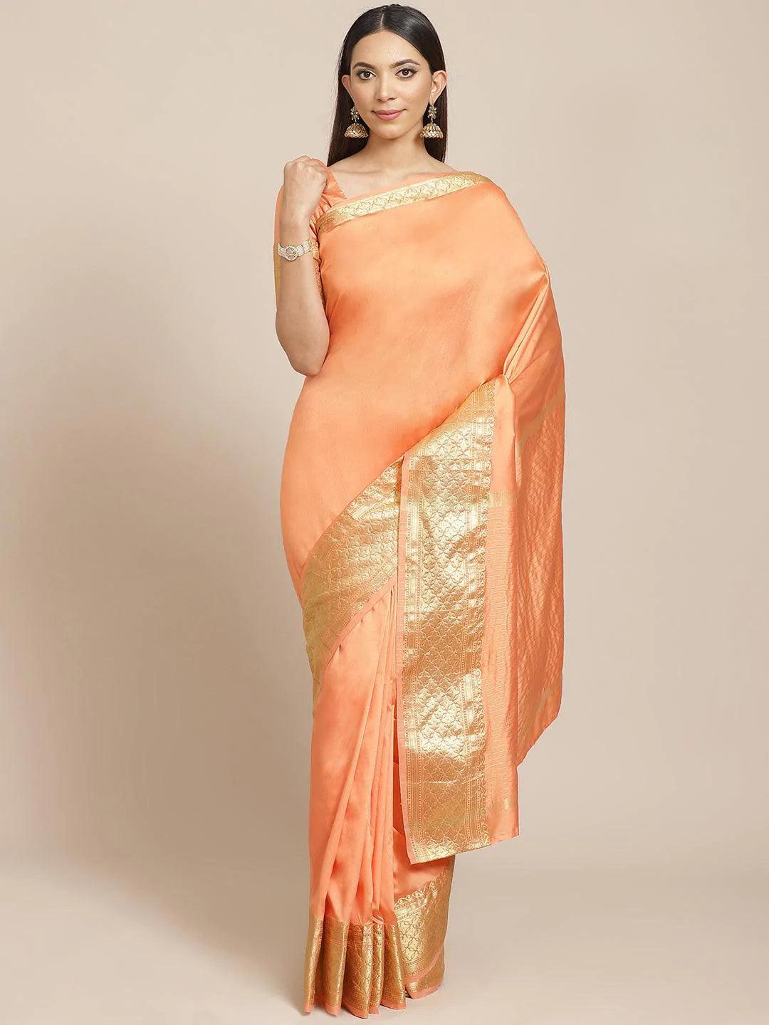 Orange Solid Silk Blend Saree - ShopLibas