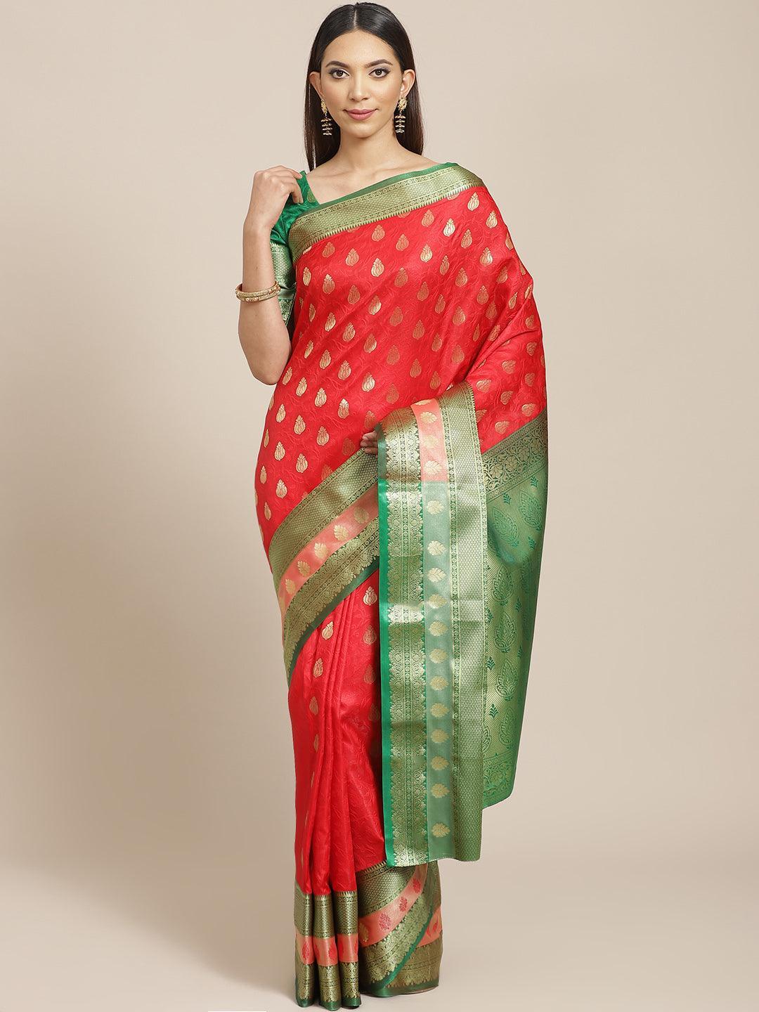 Red Woven Design Brocade Saree - ShopLibas