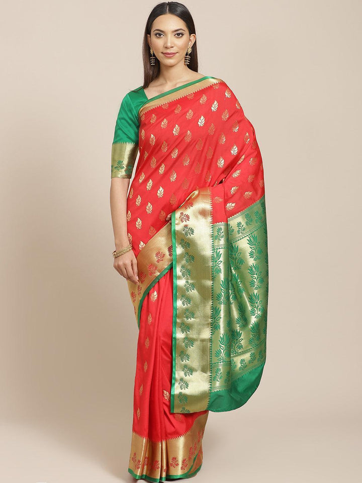 Red Woven Design Brocade Saree - ShopLibas