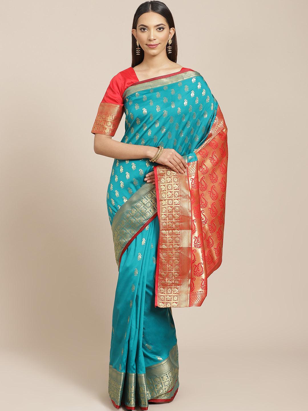 Teal Woven Design Brocade Saree - ShopLibas