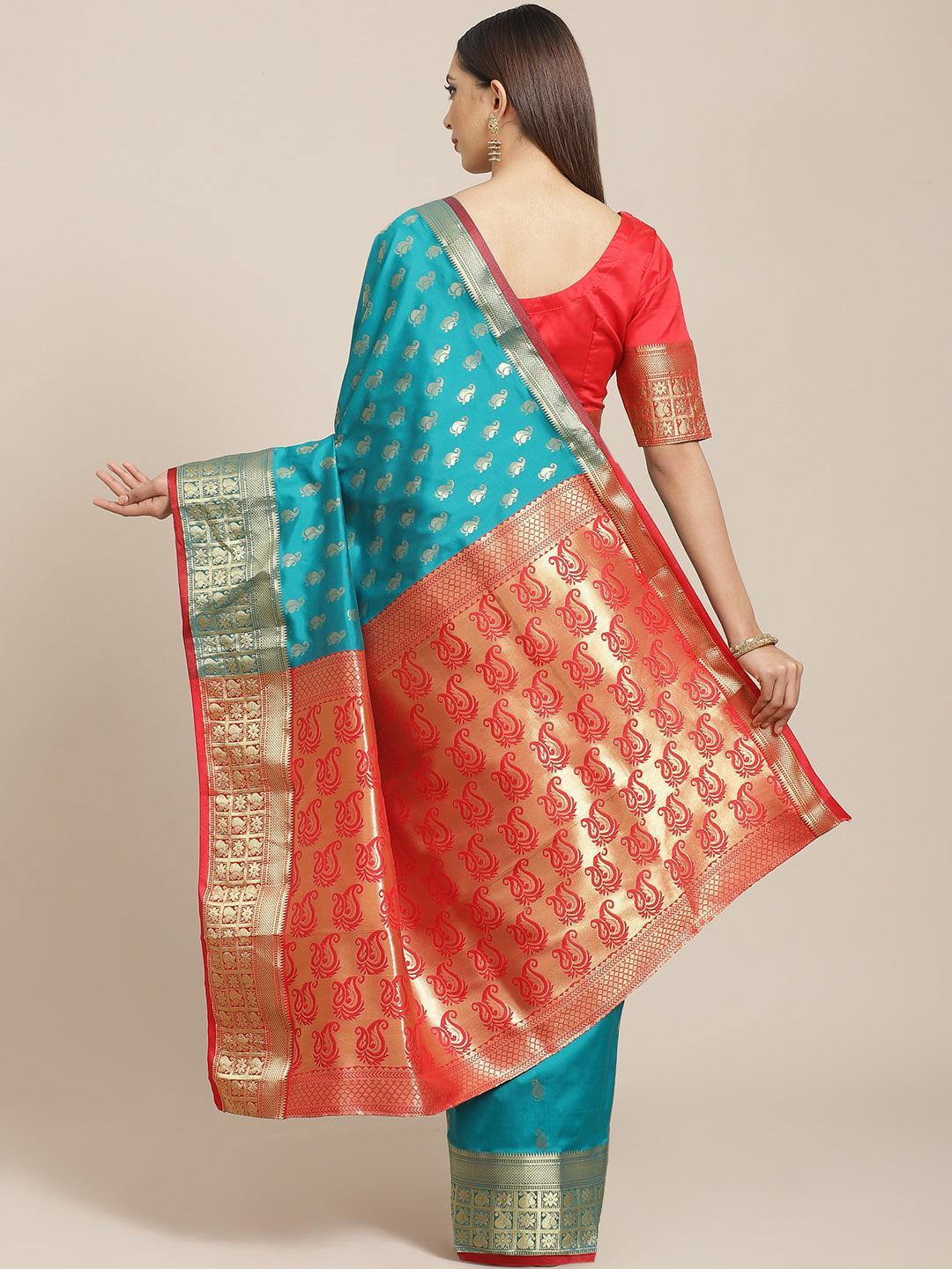 Teal Woven Design Brocade Saree - ShopLibas