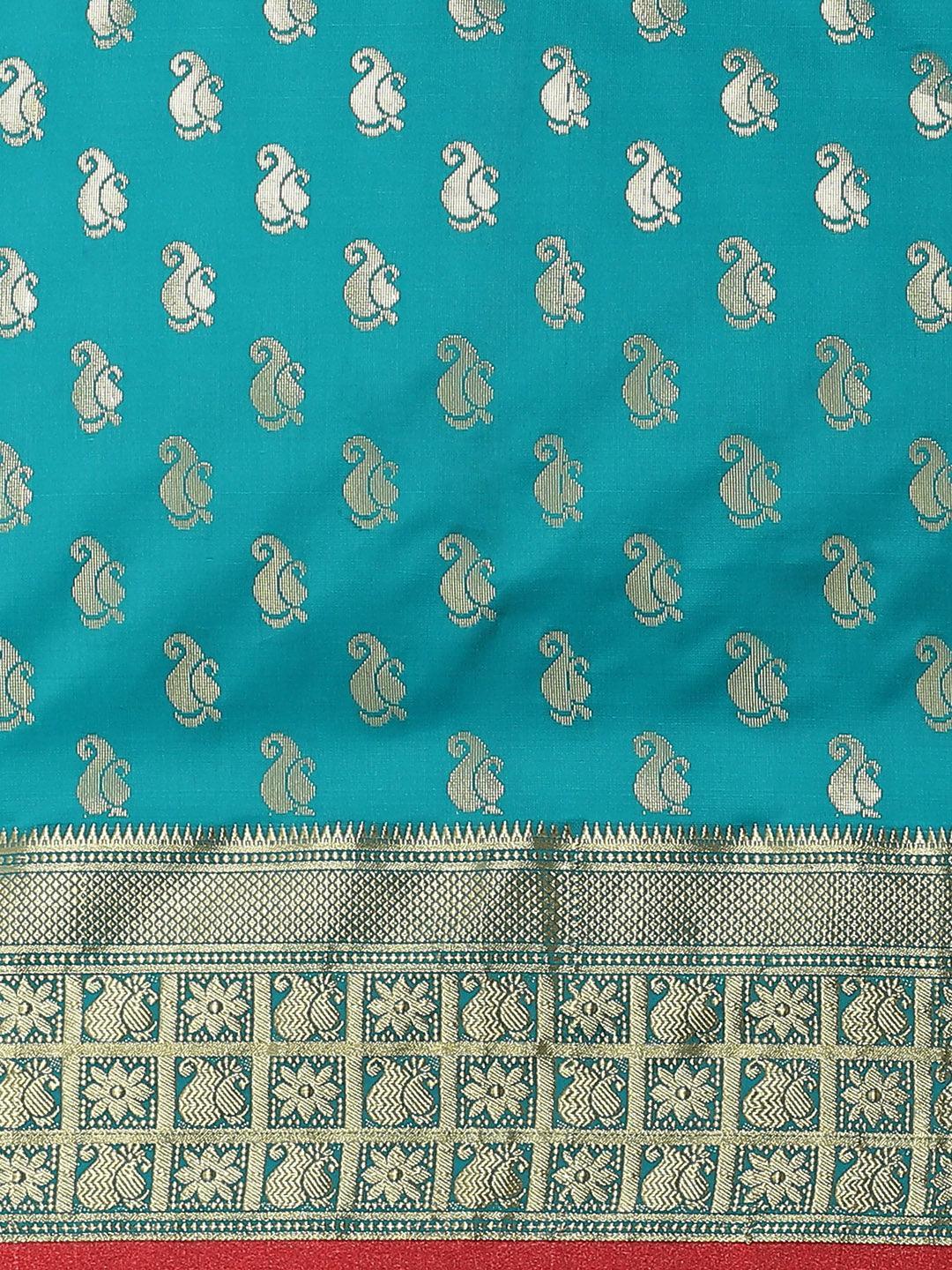 Teal Woven Design Brocade Saree - ShopLibas