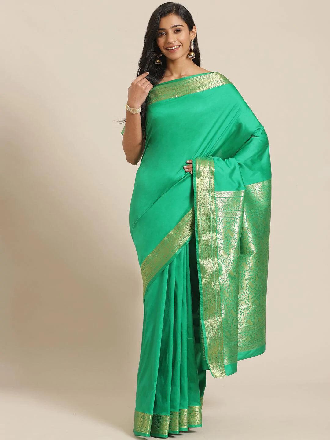 Green Solid Silk Blend Saree