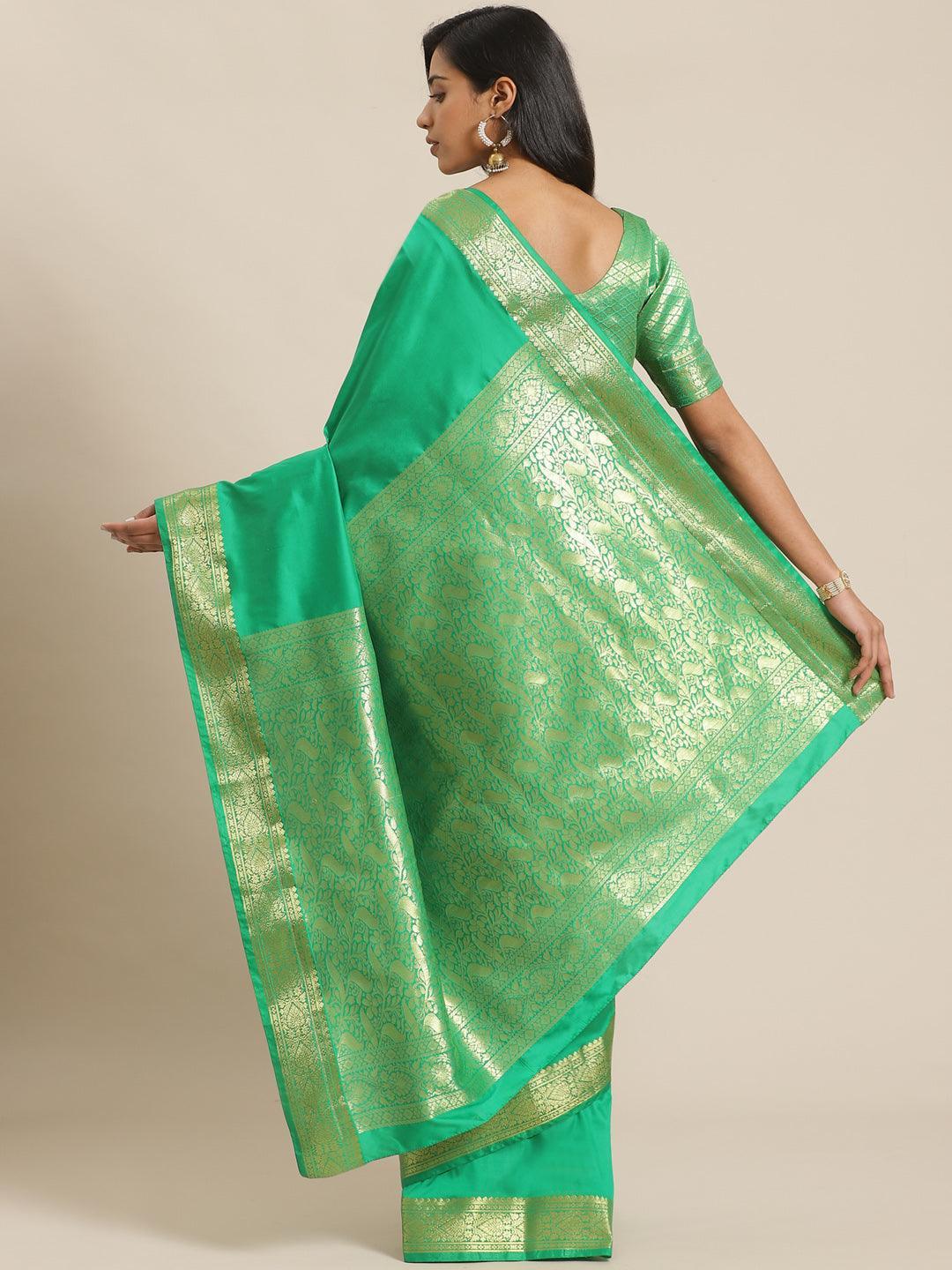 Green Solid Silk Blend Saree