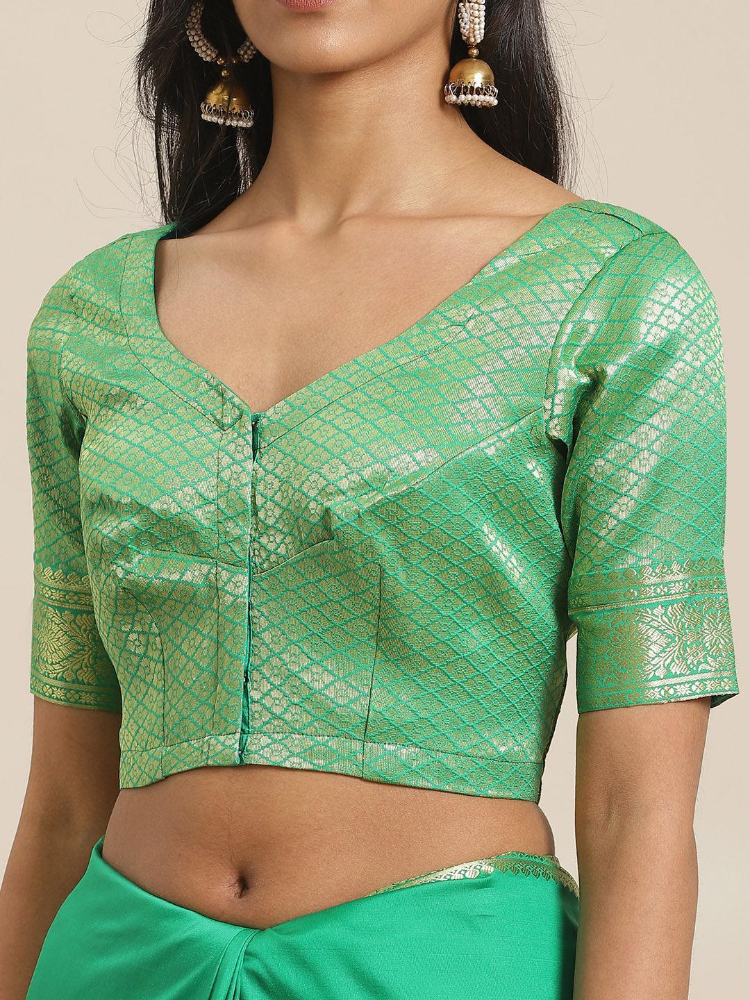 Green Solid Silk Blend Saree