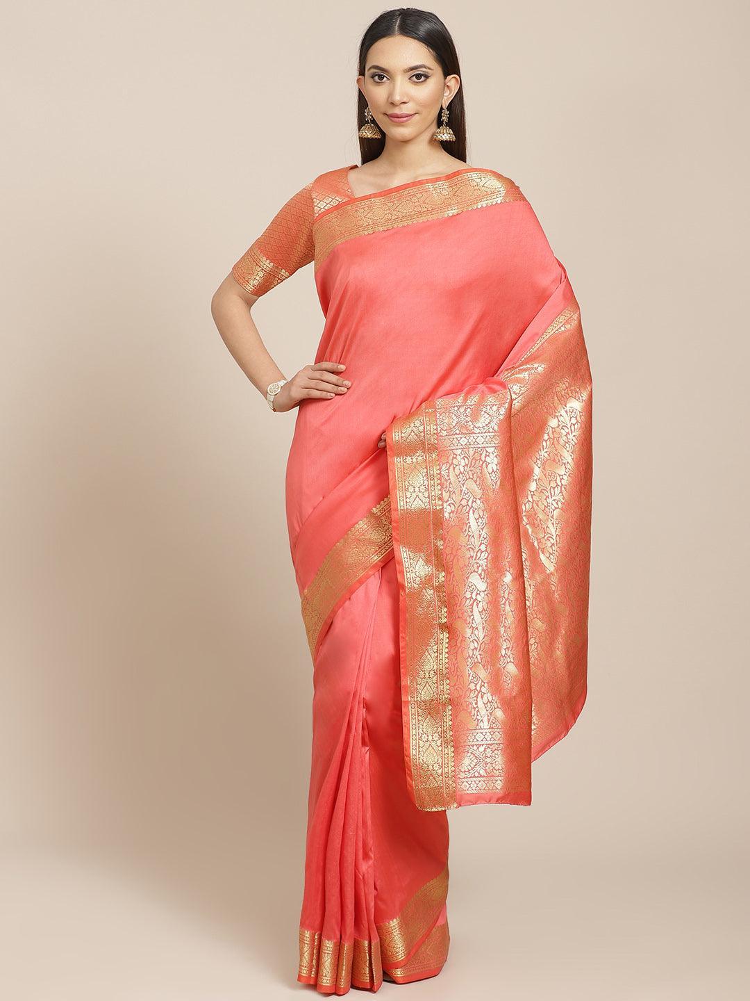 Pink Solid Silk Blend Saree