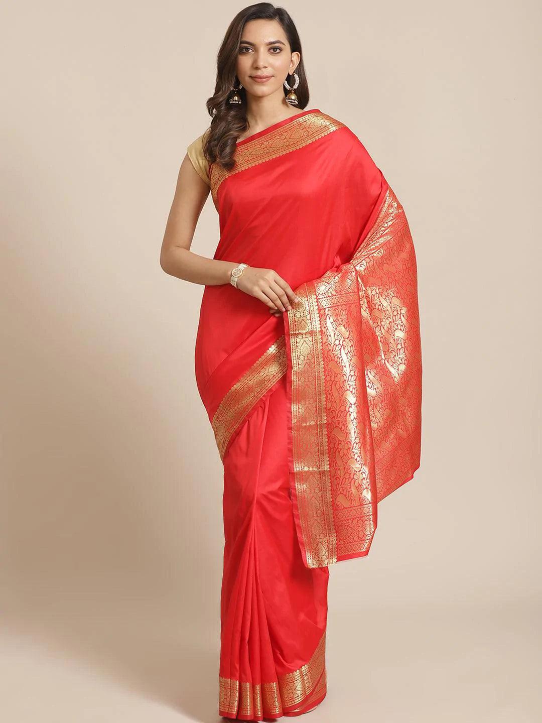 Red Solid Silk Blend Saree