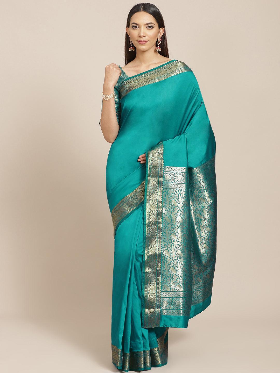 Sea Green Solid Silk Blend Saree