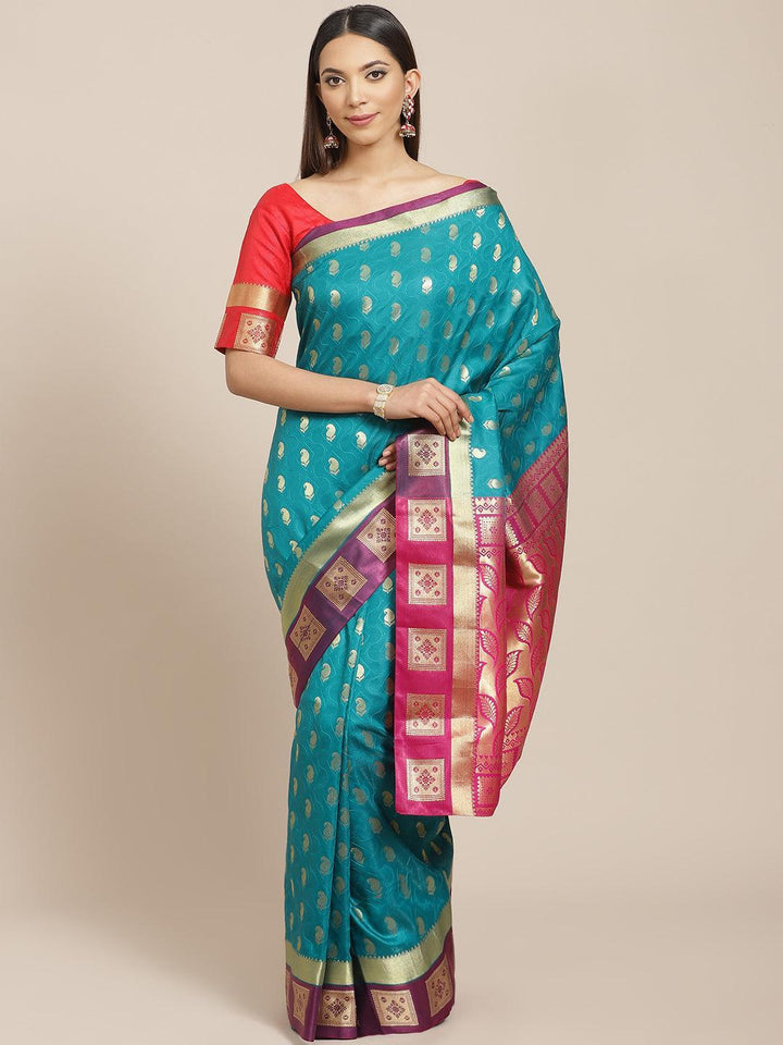 Teal Woven Design Brocade Saree - ShopLibas