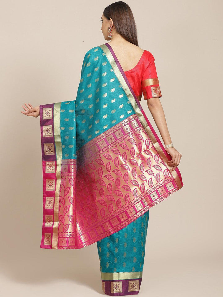 Teal Woven Design Brocade Saree - ShopLibas