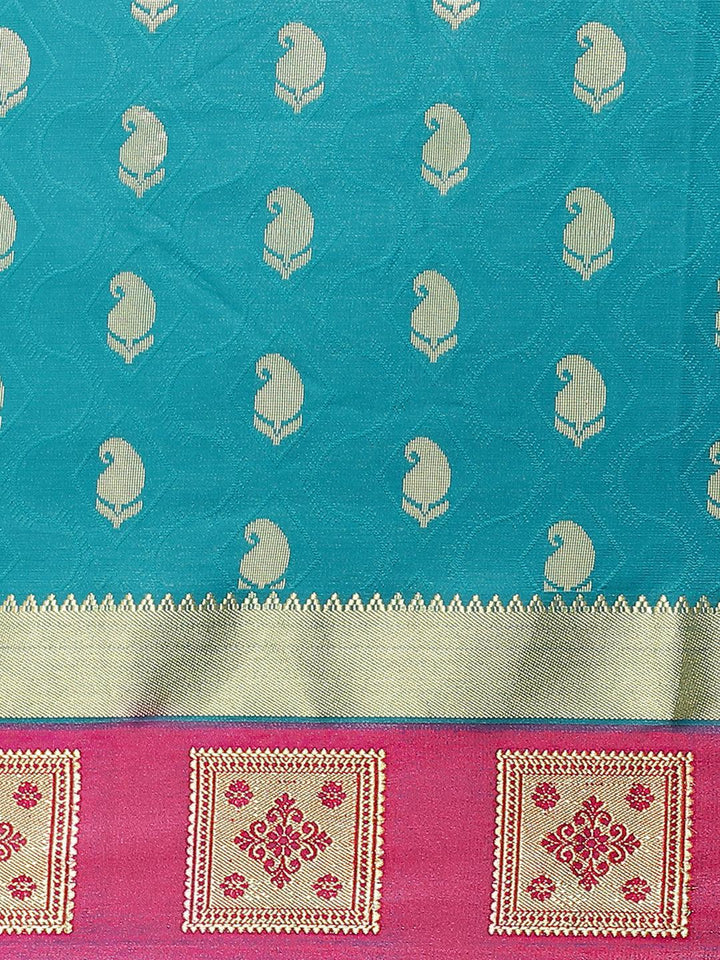 Teal Woven Design Brocade Saree - ShopLibas