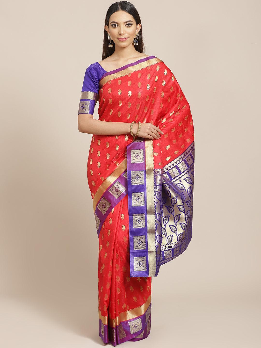 Red Woven Design Brocade Saree - ShopLibas