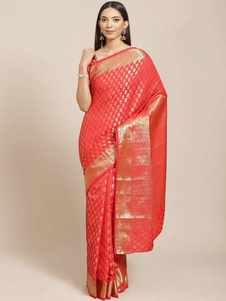 Red Woven Design Brocade Saree - ShopLibas