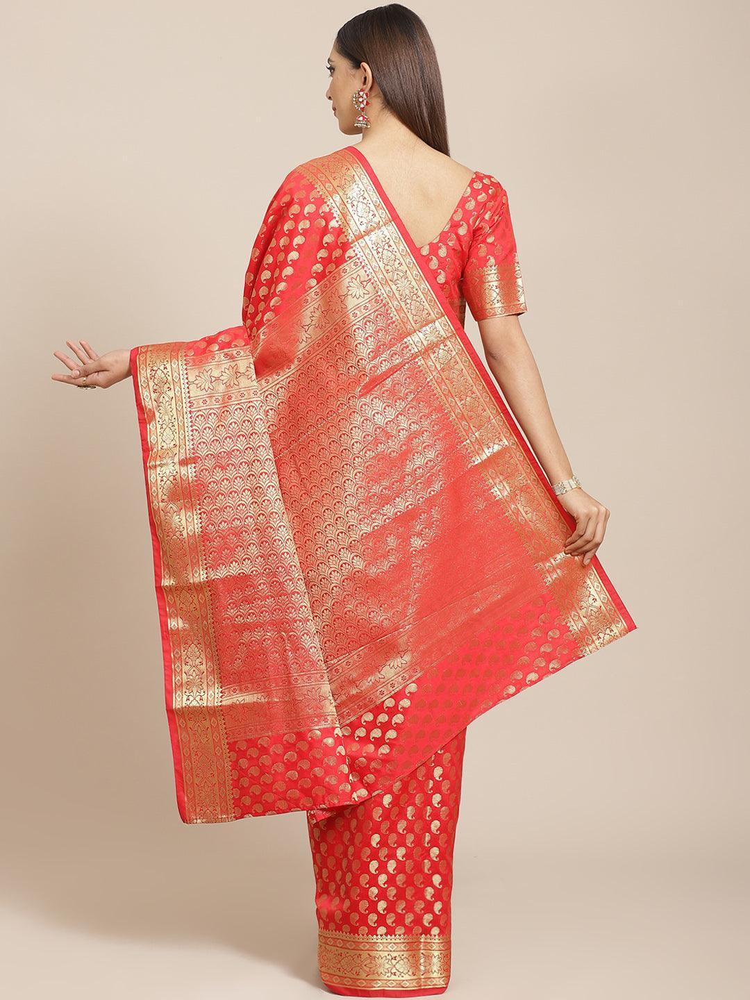 Red Woven Design Brocade Saree - ShopLibas