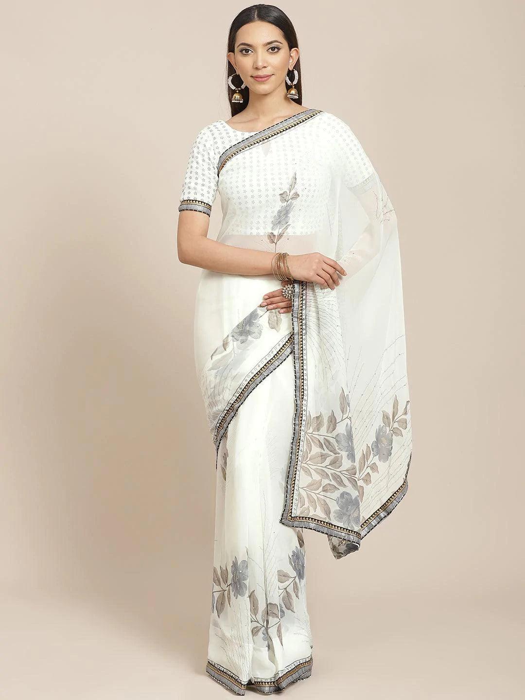 Cream Printed Chiffon Saree