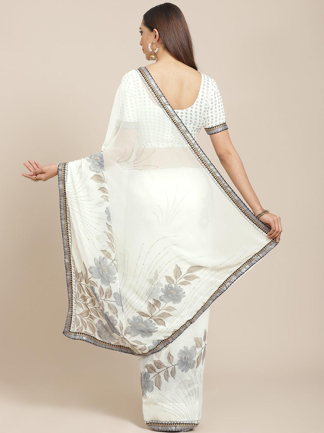 Cream Printed Chiffon Saree