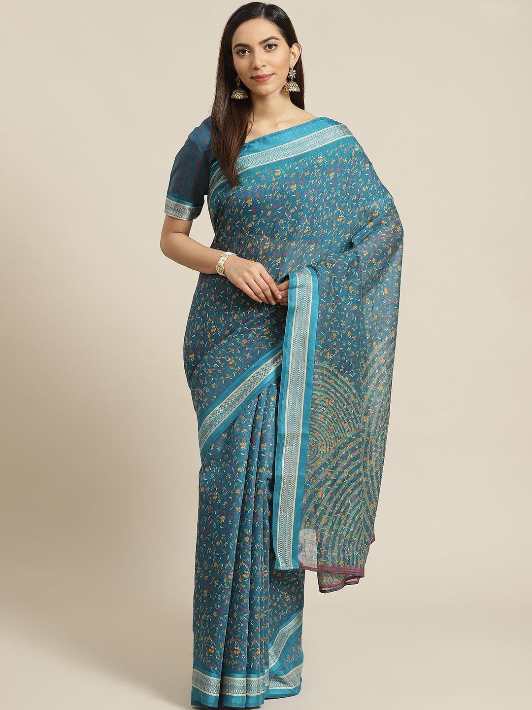 Blue Printed Cotton Saree