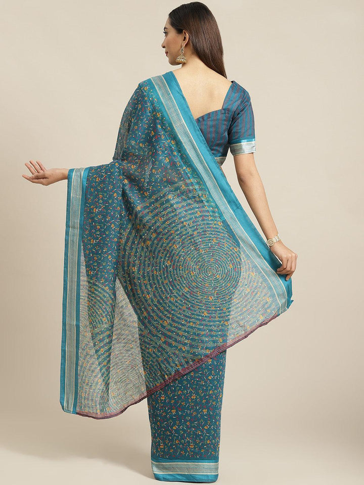 Blue Printed Cotton Saree - ShopLibas