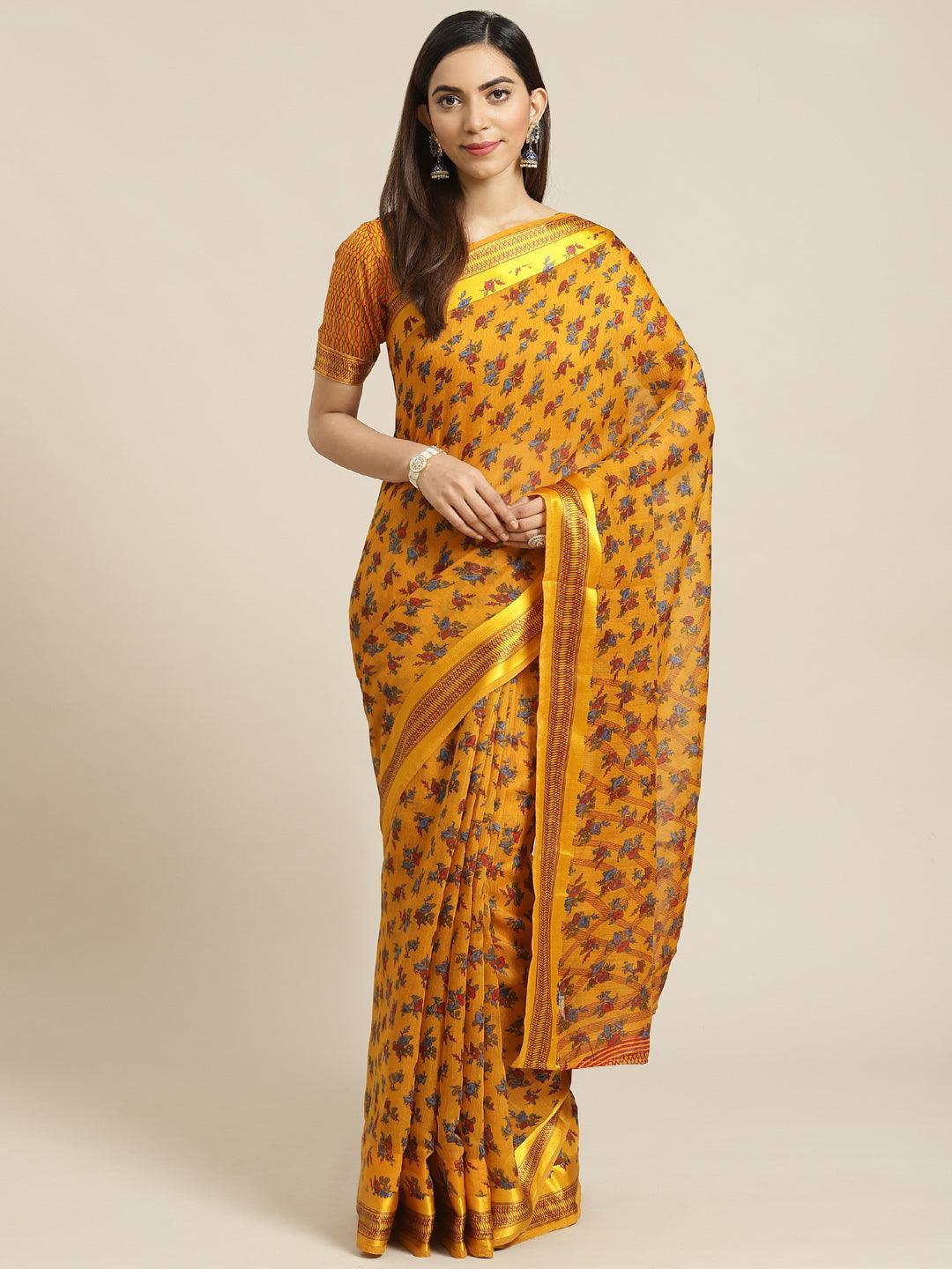 Mustard Printed Cotton Saree